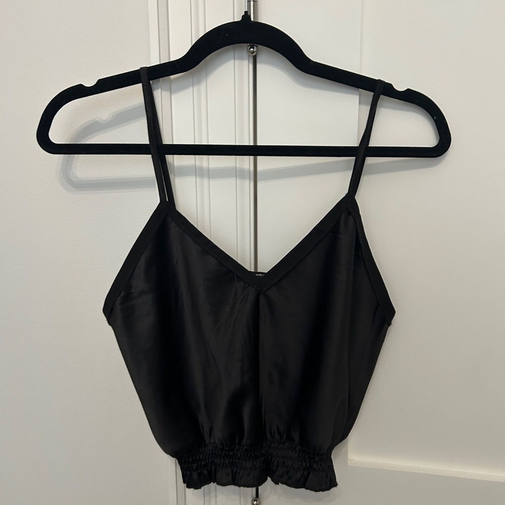 Zara Black Satin V-Neck Cami with Shirred Hem